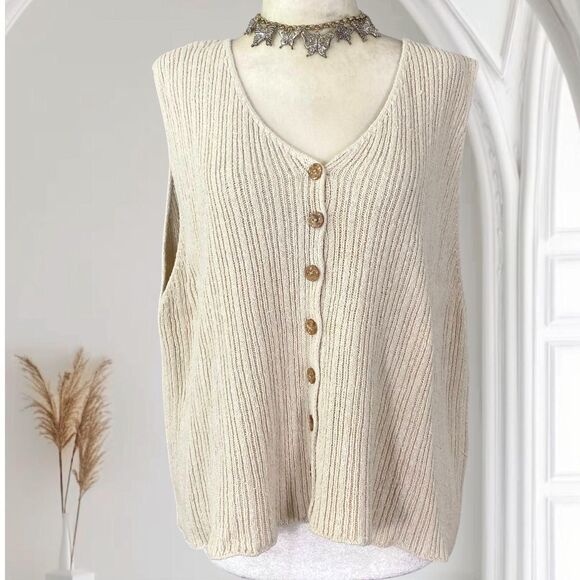 Plus Size Cream Knitted Boho Cotton Silk Knit Button Up Vest Top 22 / 24 / 2XL - Picture 1 of 6